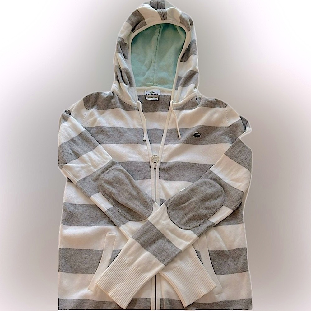 Lacoste Striped Zip Up Cotton Sweater Hoodie